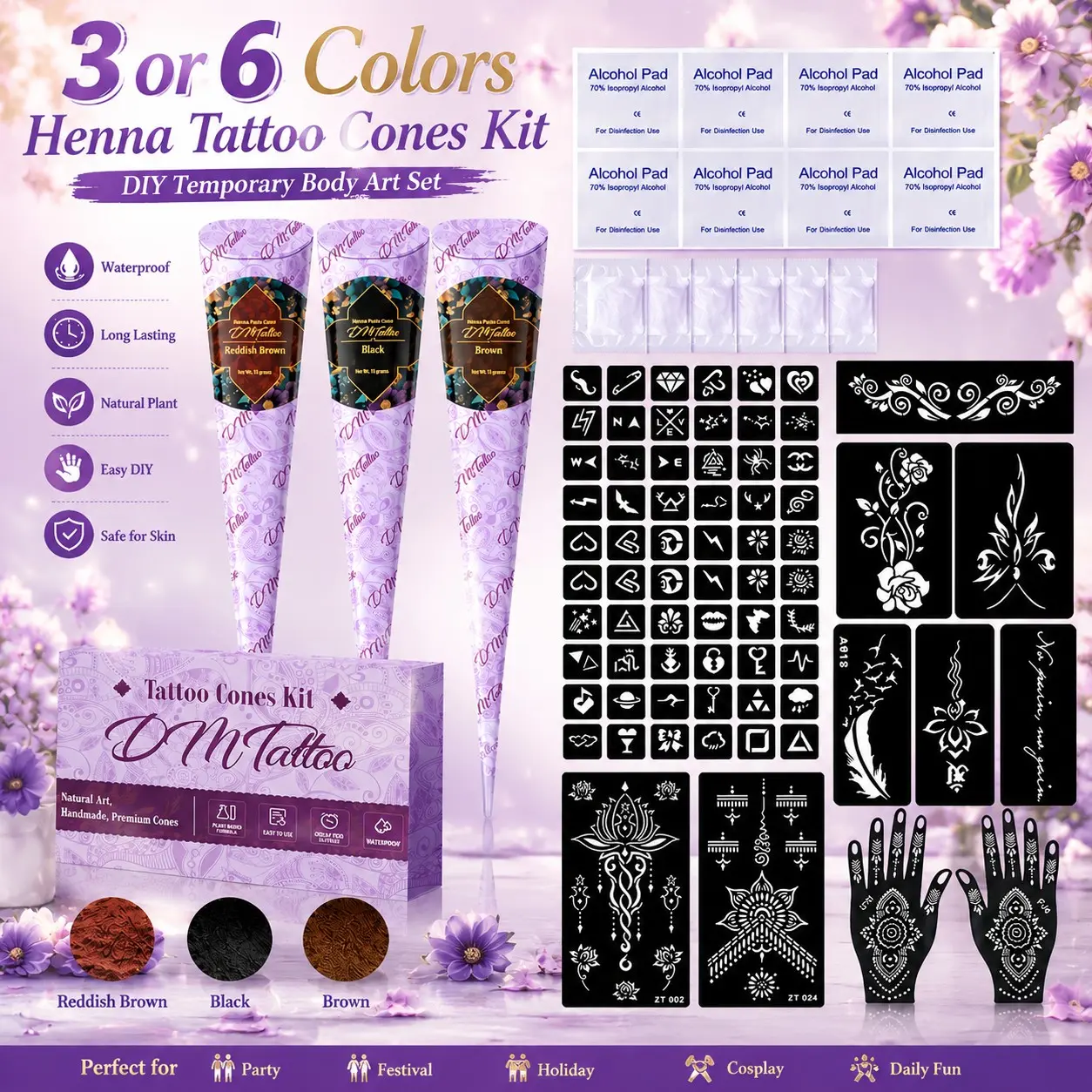 Plant Henna Temporary Tattoo Kit, Henna Designs, Natural Henna Drawing Gel, Gentle Low Irritation, Waterproof, Easy Application, Perfect for Weddings and Parties
