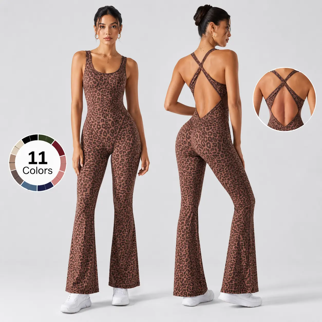Women’s Leopard Print Flare Jumpsuit, Sleeveless Open Back Cross Strap One Piece Romper, Slim Fit Stretchy Workout Yoga Outfit