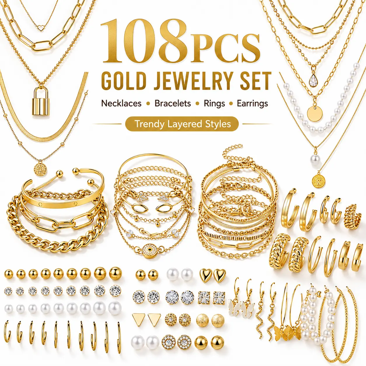 108-Piece Gold Plated Jewelry Set for Women, Trendy Layered Collection with Assorted Necklaces, Bracelets, Rings, and Gold Earrings, Necklace And Earring Set, Statement Pieces, 108Pcs, Wrist Stack