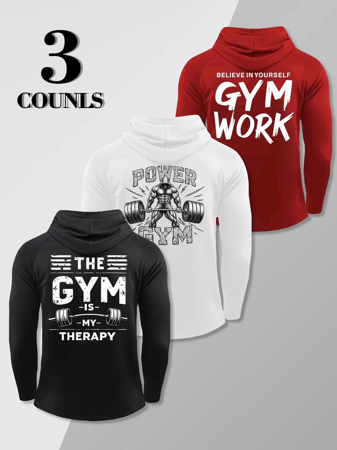 Gym Barbell Muscle Man Slogan Double-Sided Print Compression Hooded Long Sleeve 3 Pack, Gym Athletic Clothes, Stretch Quick Dry Workout Slim Base Hoodie Athletic Hoodies