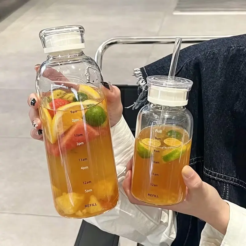 Clear High Borosilicate Glass Water Bottle with Time Marker, Wide Mouth Portable Bottle with 2 Leak-Proof Lids & Straw, BPA Free Heat Resistant Eco-Friendly, Dishwasher Safe & Easy to Clean, for Hot & Cold Drinks, Ideal for Home, Office, Gym & Travel