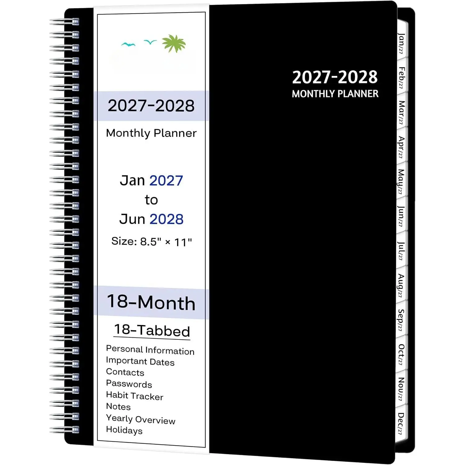 2027-2028 Monthly Planner, 18 Months Calendar Planner 2027-2028 from Jan 2027 – Jun 2028, 8.5'' x 11'' with Ruled Spread, Flexible Cover, Spiral Wirebound, Pocket, Coated Tabs, Notes & Habit