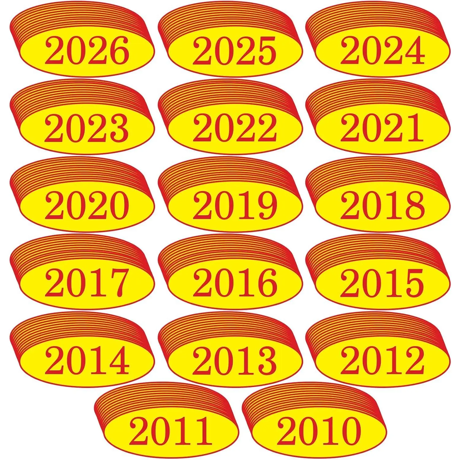 Oval Shape Car Windshield Year Labels Sticker Set (2010-2026) - 17 Dozen (12 per Year, 204 Pieces Total) - Red & Yellow Large Vinyl, Waterproof, Easy to Remove, Ideal for Used Cars Dealers