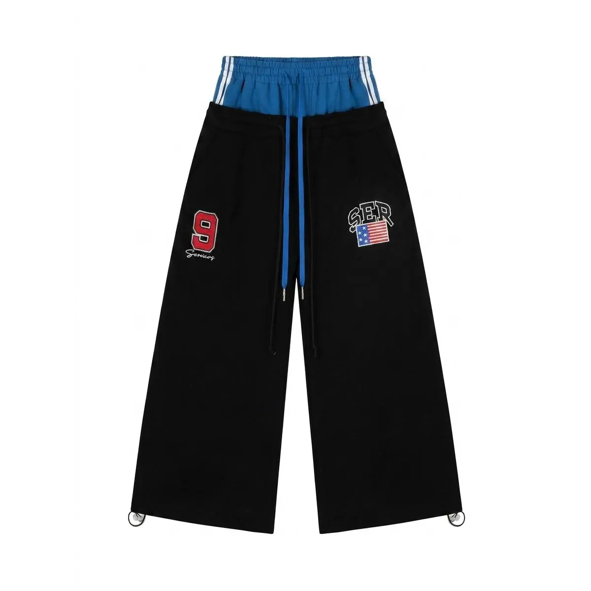 Unisex Black 2-Piece Layered Mock Neck Sweatpants, Letter Embroidery Drawstring Long Length Stacked Sports Bottoms, Casual Wear Wash Safe Trendy Loose West Coast Streetwear Trousers
