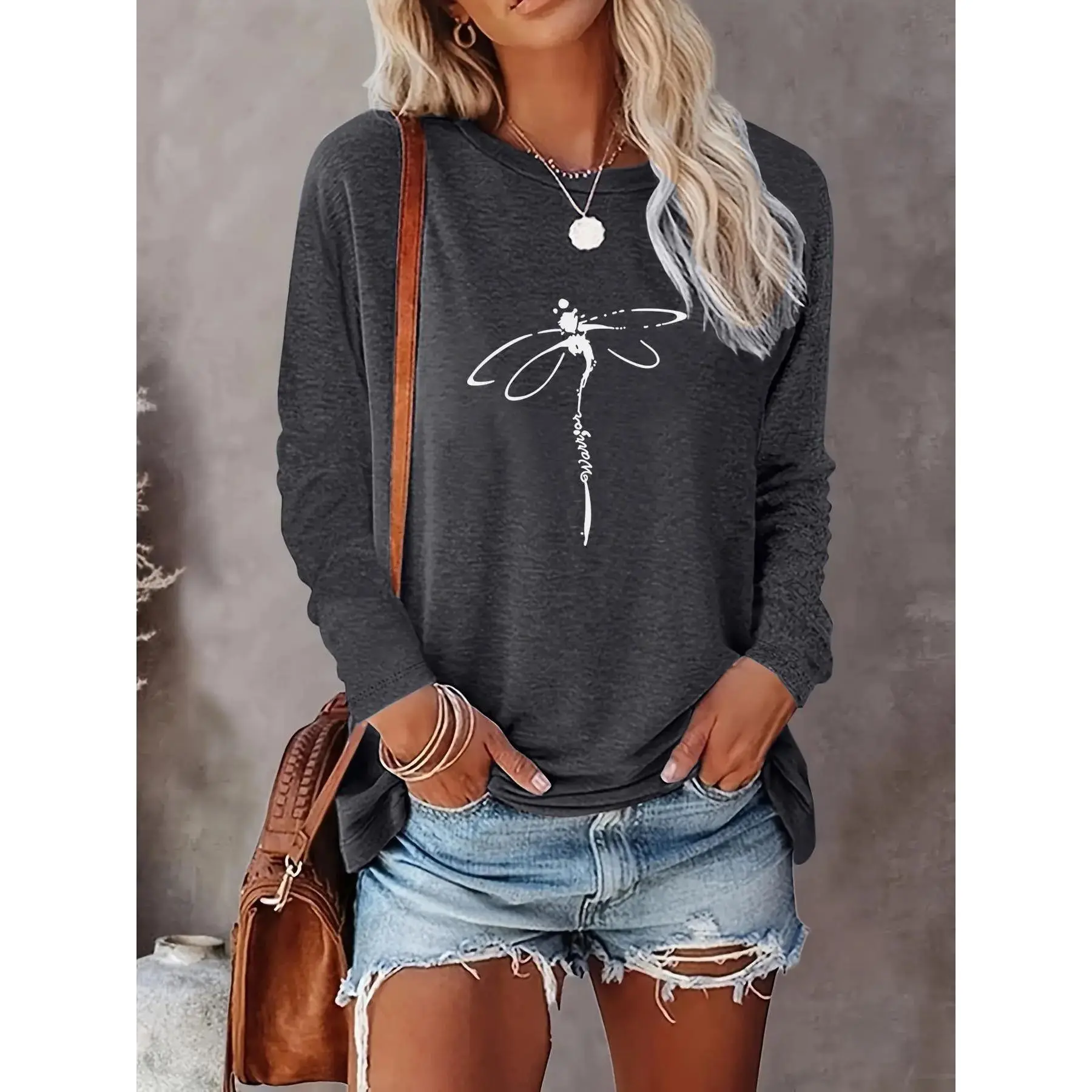 Women's Dragonfly Print Round Neck Tee, Casual Long Sleeve Crew Neck T-Shirt for Summer, Fashion Women's Top for Daily Wear, Everyday