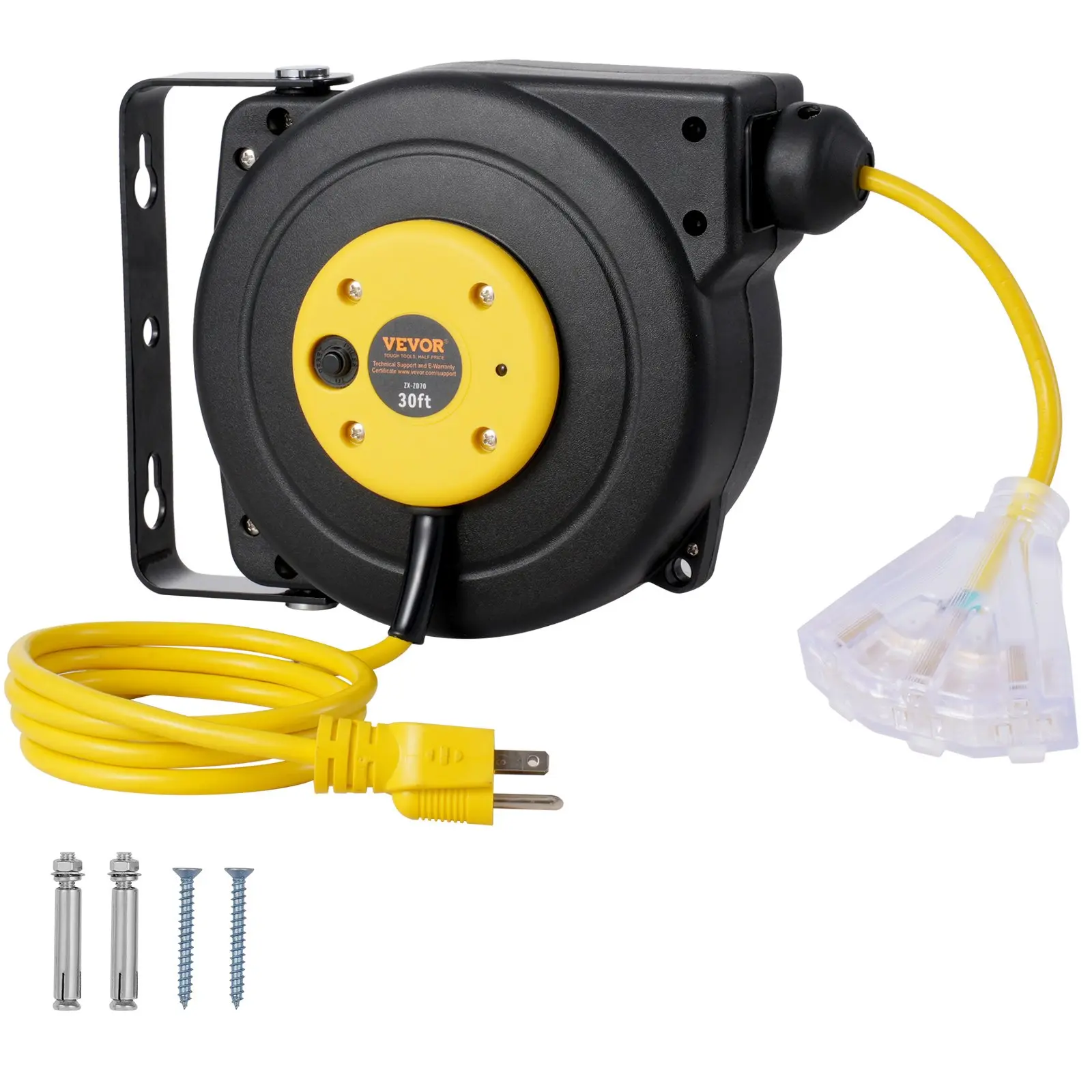 VEVOR Retractable Extension Cord Reel, 30 FT, Heavy Duty 16AWG/3C SJTOW Retractable Power Cord Reel with Lighted Triple Tap Outlet 10 Amp Circuit Breaker 4.5FT Lead-in Cord, for Ceiling or Wall Mount