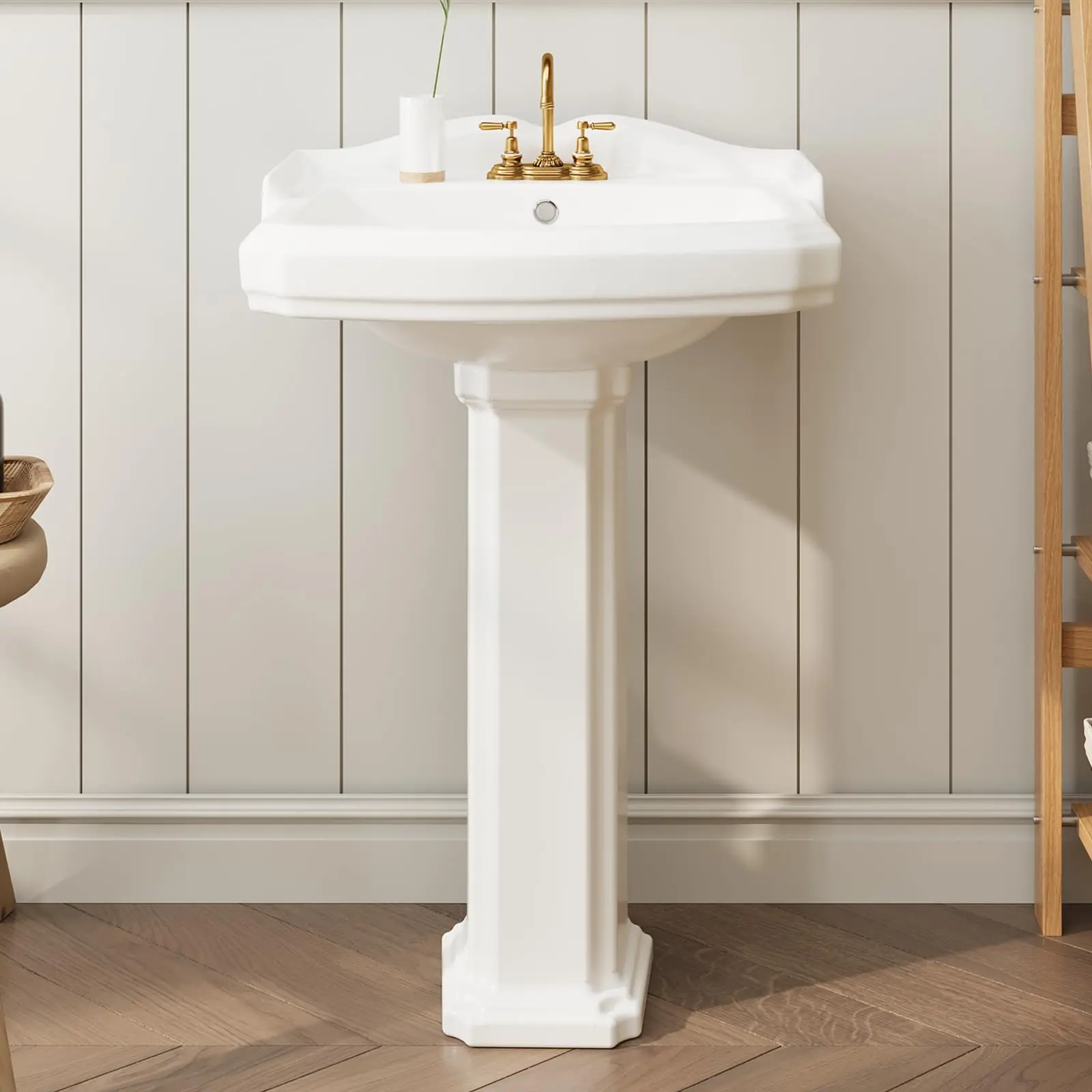 Garvee Ceramic Bathroom Pedestal Sink, 58.4 x 48.3 cm, with Splash Guard and 3 Faucet Holes (10.2 cm Center Set), Vintage White Finish, Overflow, Fits 8-Inch Faucets, Freestanding, Traditional Style for Classic and Small Spaces