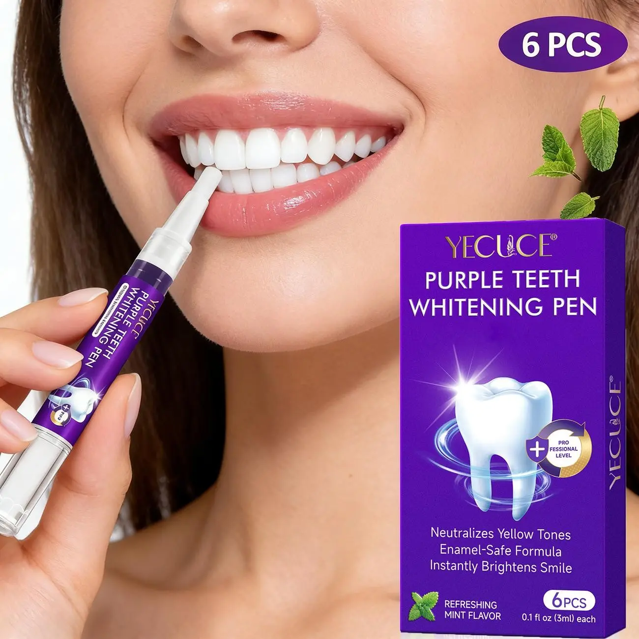 Yecuce Mint Tooth Pen, 3ML-6 Pack, Low Sensitivity Formula, Non Sensitive Whitener, Whitening Teeth Cleaner, Teeth Whitener, Instant Teeth Brightener, Professional Dental Care