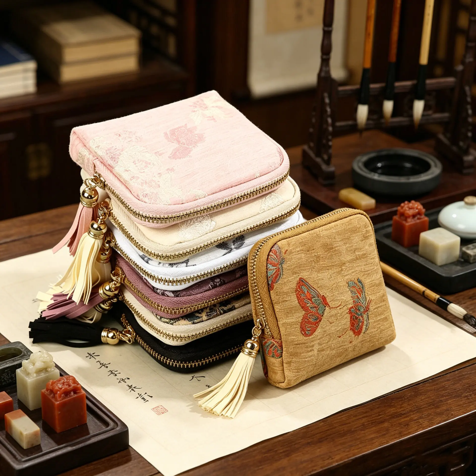 Vintage Floral Butterfly Embroidery Velvet Small Makeup Bag, Portable Square Zipper Cosmetic Pouch with Tassel, Mini Soft Fabric Jewelry Lipstick Storage Purse for Women Daily Travel