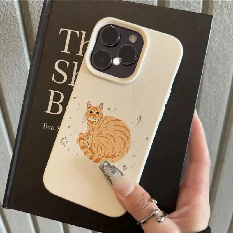 Mood In Case catalog image of a curled orange tabby illustration with tiny decorative accents on a pale phone case