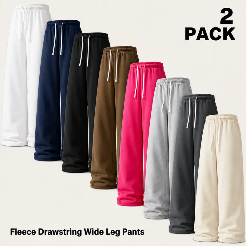 2-Pack Same Solid Color Men's Wide Leg Sweatpants Set, Loose Fit Full Length Drawstring Elastic Waist Casual Lounge Pants with Side Pockets, Sizes XXS-XXXXL for Weekend Essentials