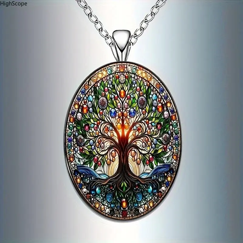 Unisex Oval Glass Tree of Life Pendant Necklace - Elegant Vintage Romantic Costume Jewelry, Ideal Gift for Matching Sports Accessories, Matches Sports Accessories, Romantic Gift, Glass Pendant, Life Tree Art, Oval Pendant