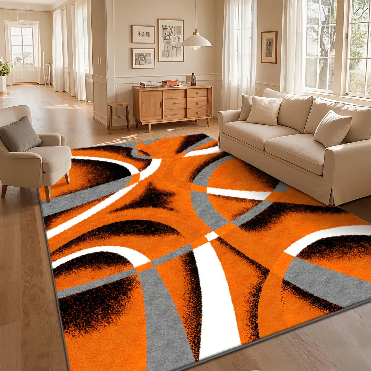 Local Delivery Multi Sizes Velvet Orange Grey Sharp Curved Abstract Swirl Rug Washable Non Slip Boho Farmhouse Runner Nursery Indoor Decor Rug