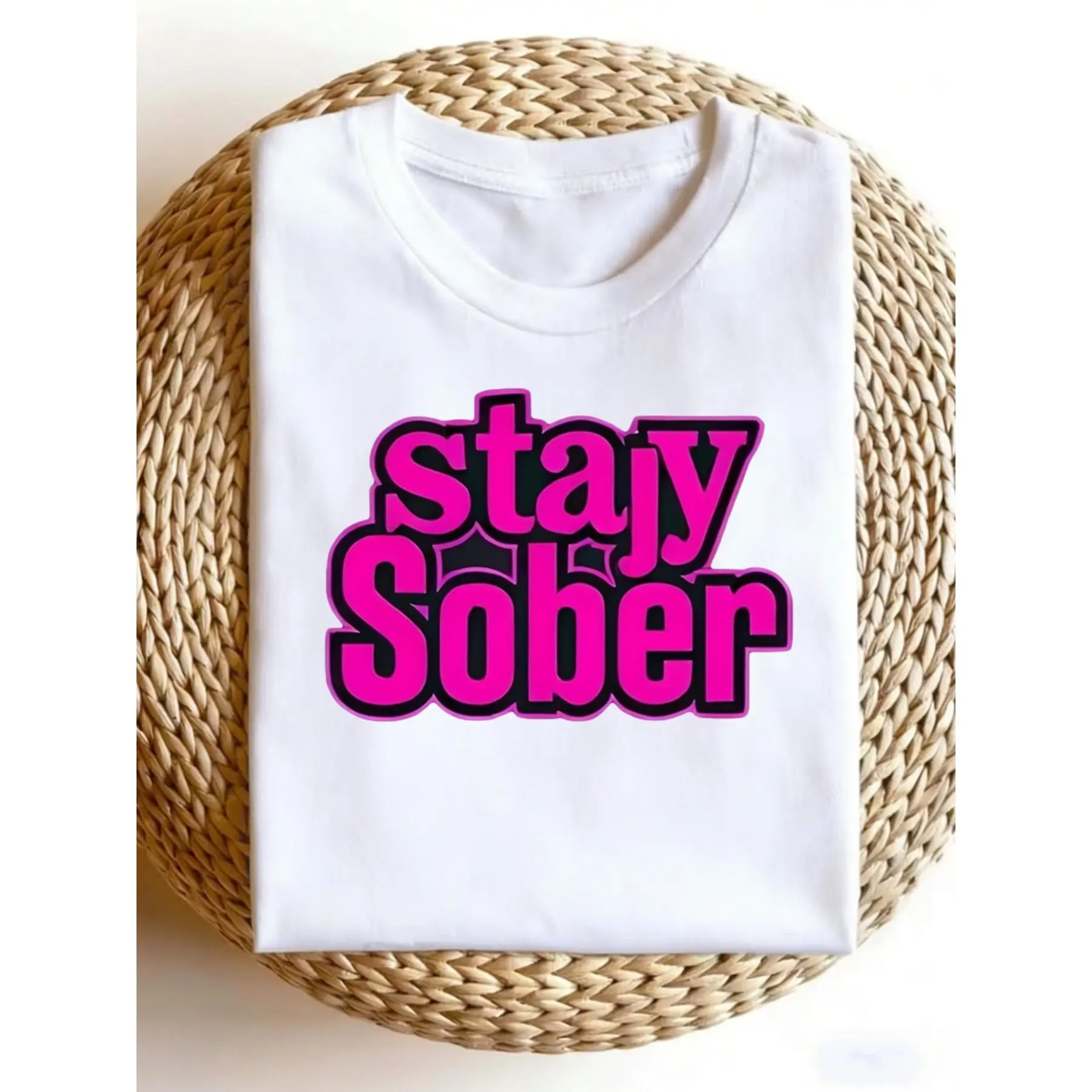 Men's Polyester Casual Crew Neck Short-Sleeve T-Shirt with Sobriety Graphic, Unisex Menswear Sober Living Apparel
