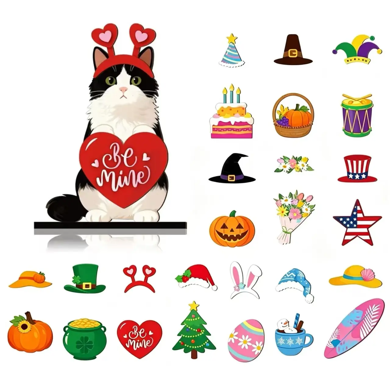 Interchangeable Seasonal Animal Wooden Decor Set with Magnetic Hats, Cute Cat Wooden Sign Desk Decor, DIY Farm Animal Tabletop Stand, Holiday Home Office Tiered Tray Decoration, Birthday Gift