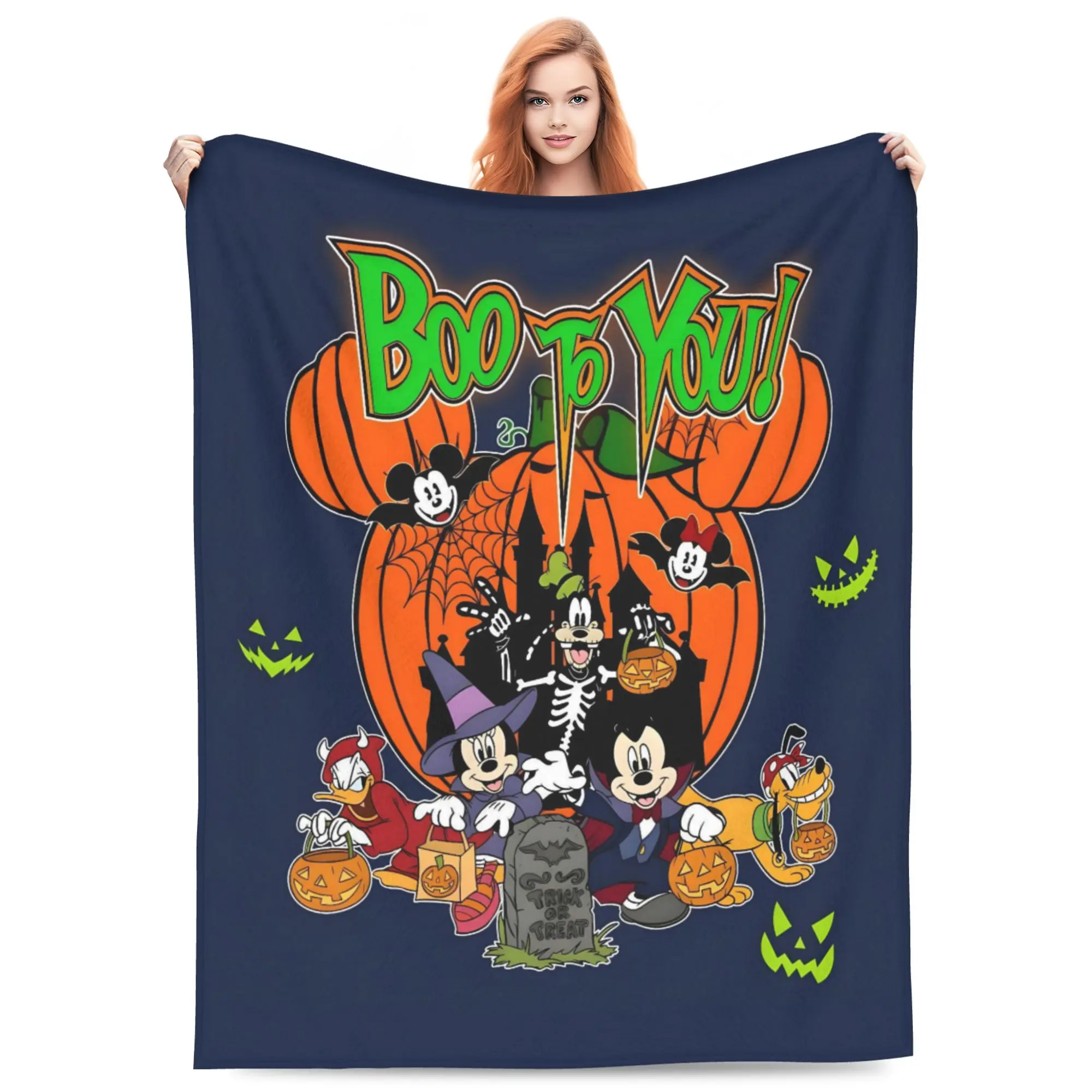 DISNEY CLASSIC Boo To You Halloween Throw Blanket, Mickey Friends Trick or Treat Pumpkin Bat Tombstone Castle Spooky Print, Soft Flannel Lightweight Cozy Blanket for Sofa Bed Halloween Decor