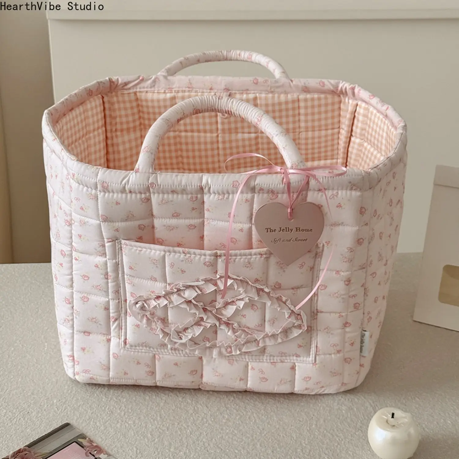 Pink Floral Quilted Ruffled Cotton Storage Basket - Coquette Aesthetic Cosmetic Organizer Tote Bag with Handles for Camping Nursery Vanity Decor