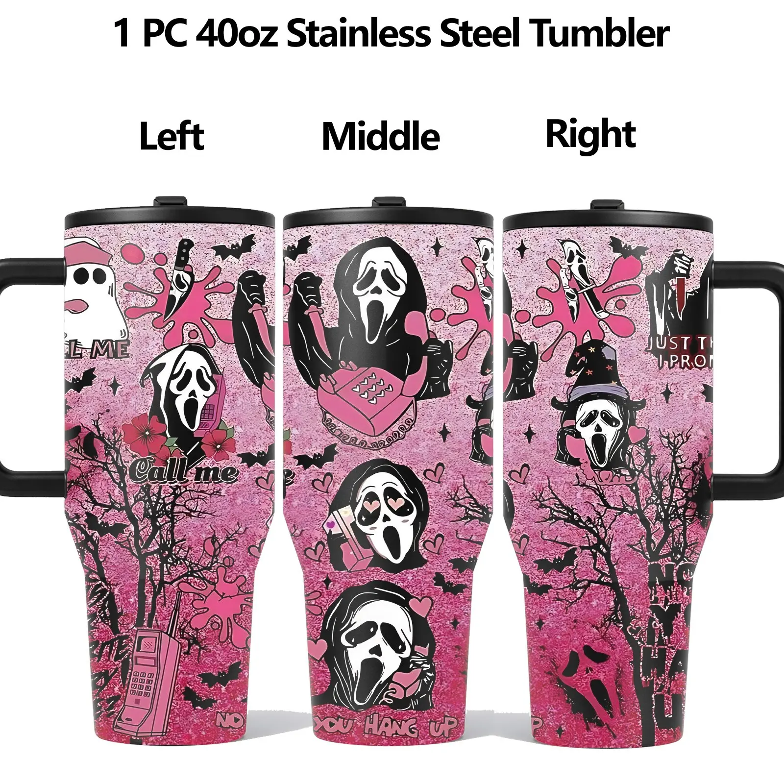 1 Pc 40oz pink horror inspired insulated tumbler with handle and lid, spooky ghost mask stainless steel vacuum cup, funny retro scary movie travel mug for iced coffee water tea, keeps hot 12h cold 24h, Halloween gift for women horror fans