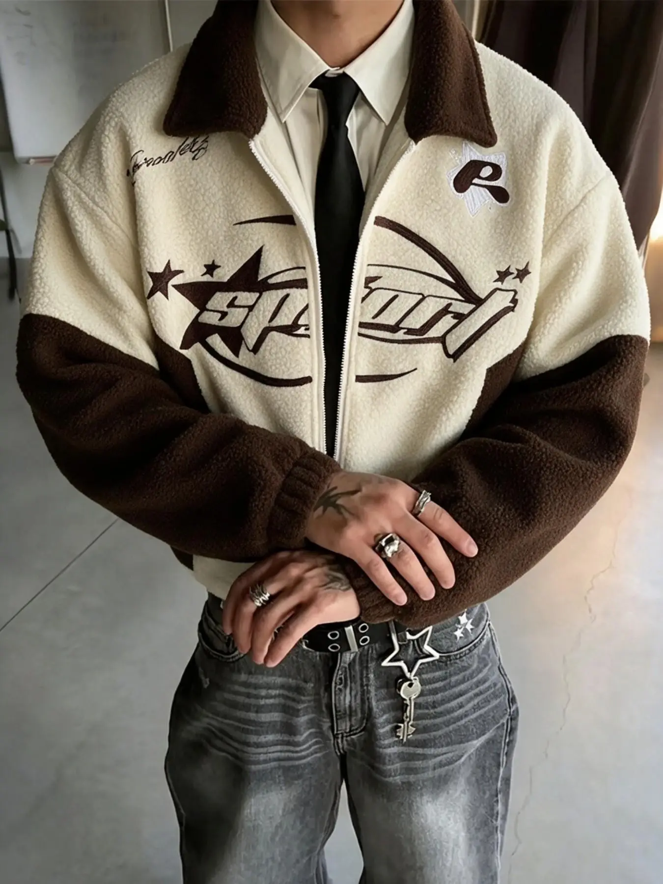 Men's Vintage Teddy Bear Baseball Jacket, Rice Color Block Design, Chest Sport Letter + Star Embroidery, Full Zip Fleece Coat, Loose Street Style