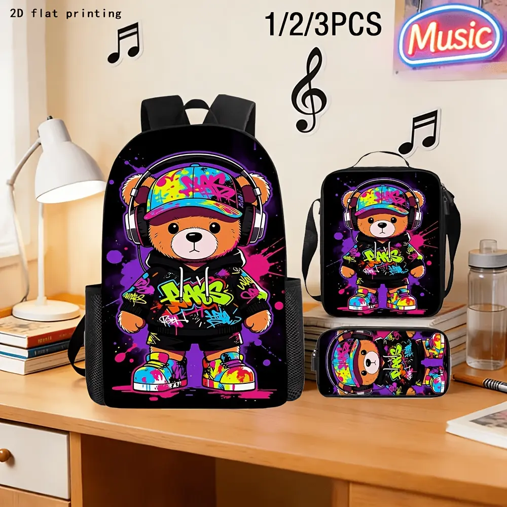 1/2/3-Piece Set: Trendy Graffiti Bear Backpack (2D Flat Print). A lightweight, durable, high-capacity backpack featuring a vibrant street-style "splatter-paint" bear print with headphones. Includes a matching lunch bag and pencil case. Perfect for casual