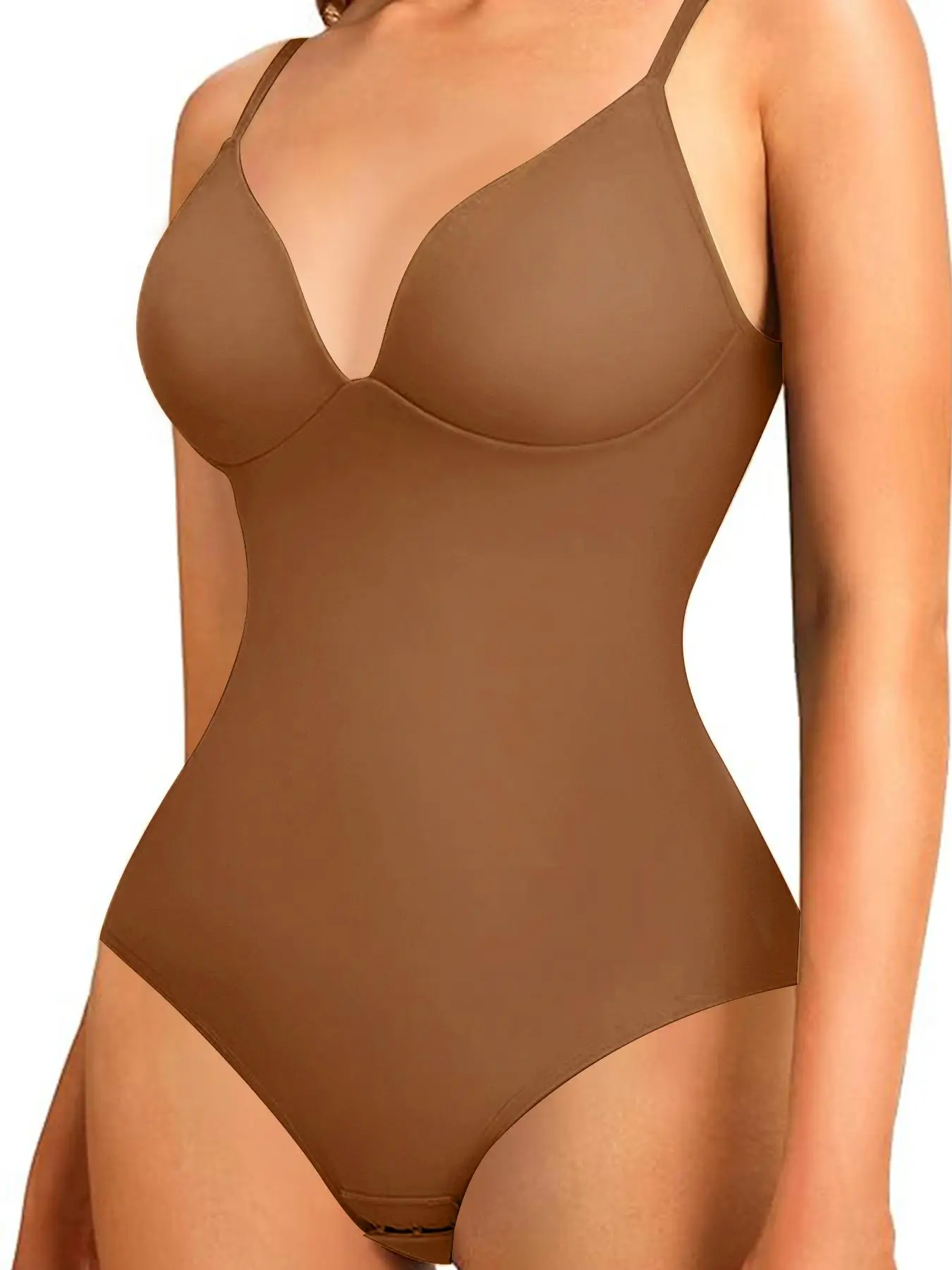 Women's Shapewear Spaghetti Strap Deep V Neck Bodysuit with Built In Bra, Casual Regular Length, Moderate Fabric Thickness, All Seasons Wear