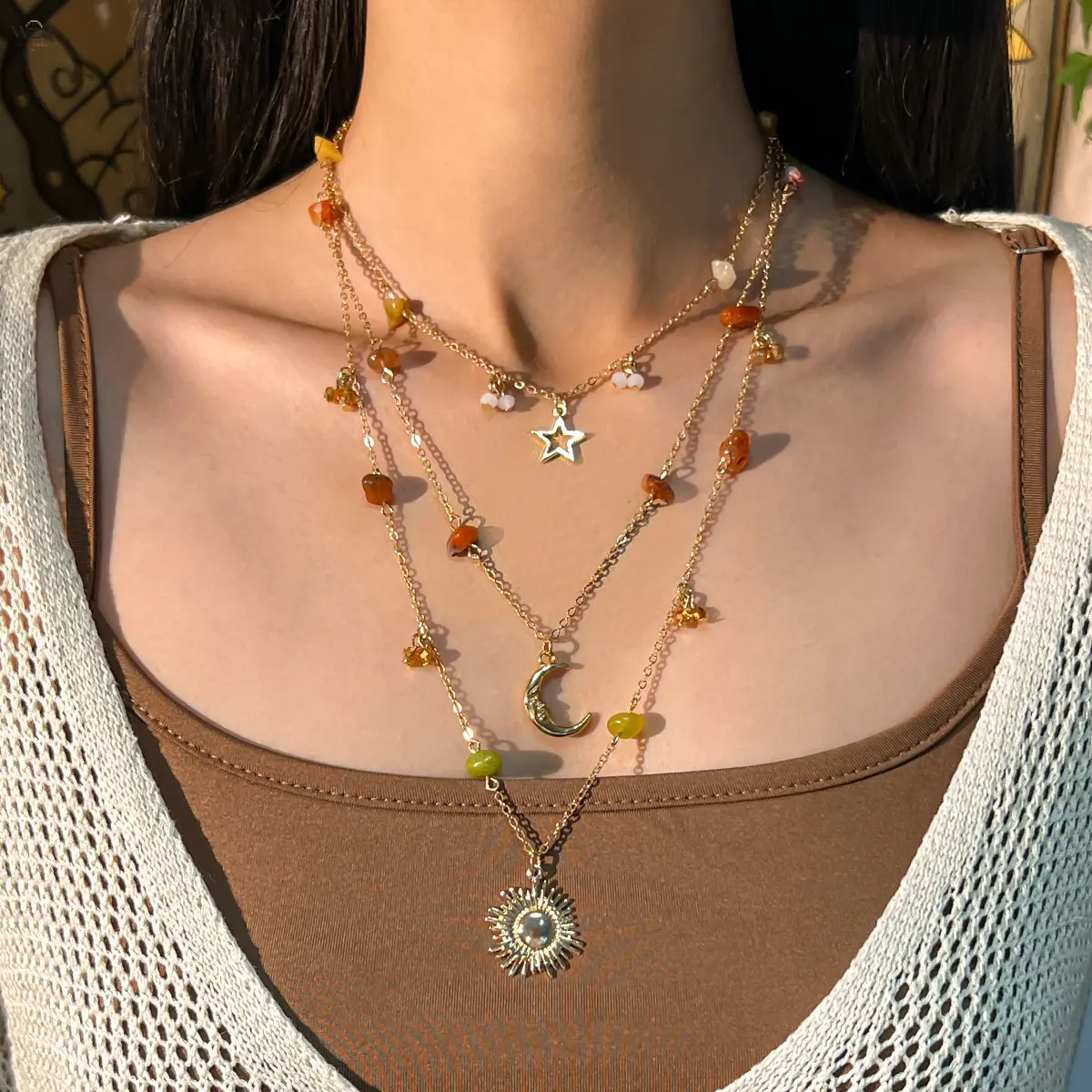 Women's 3-Layer Sun Moon Star Natural Stone Beaded Choker Necklace - Vintage Bohemian Gold Alloy Base, Adjustable Length, Bohemian Look for Daily Outfits Female Wear, Stacked Layers, Chain Jewelry Necklaces, Casual, Natural Mineral, 2.3Cm Width * 2.5Cm He
