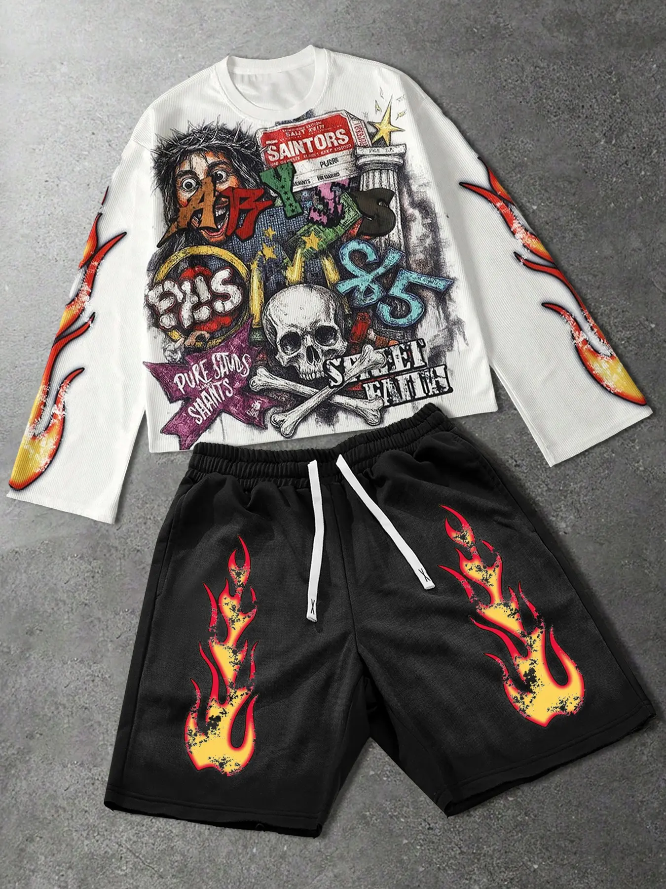 Men’s Graffiti Print Long Sleeve Top & Flame Pattern Shorts Set, Punk Street Style For Hip Hop Daily Outfits And Skate Scenes