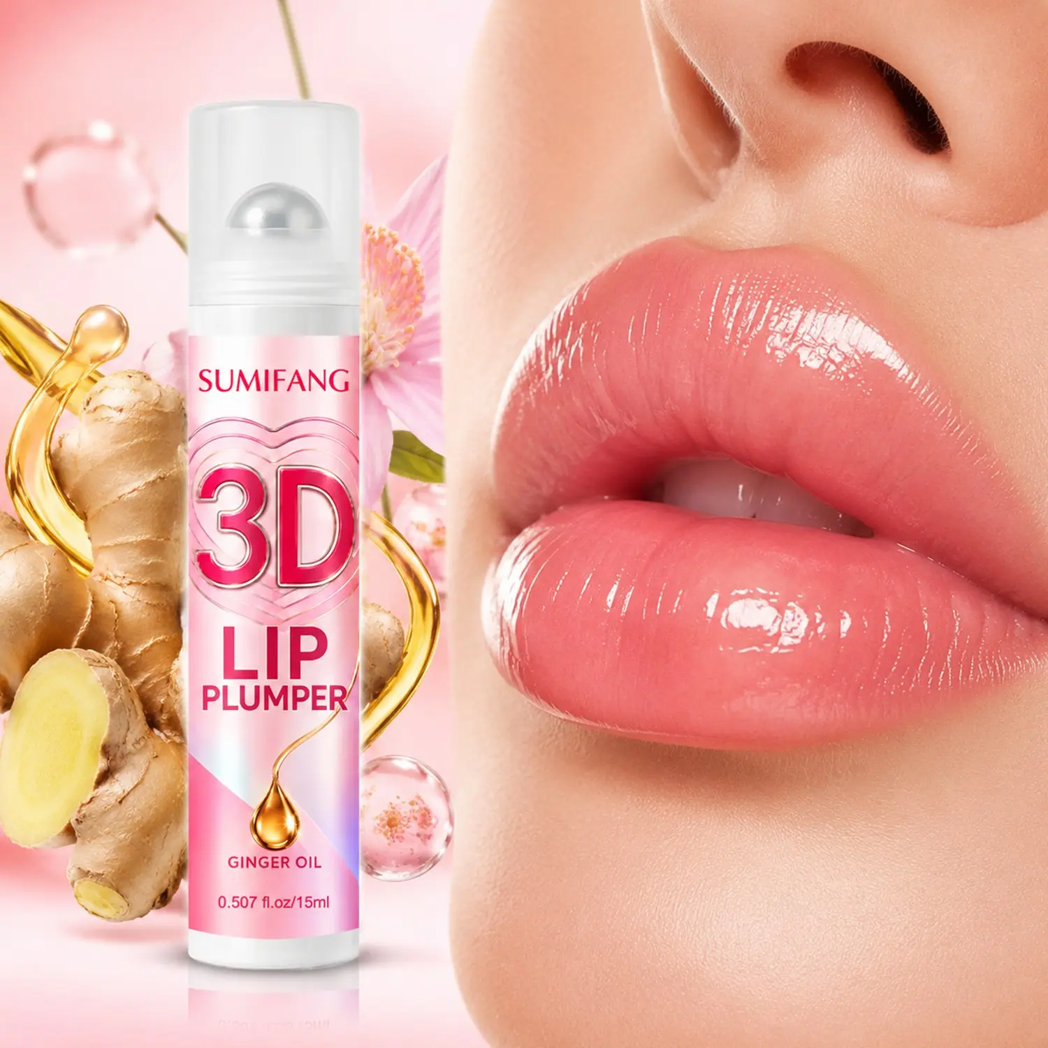 SUMFANG 3D Lip Plumping Essence 15ml – Ginger Oil + Hydrolyzed Collagen + Hyaluronic Acid – Instantly plumps, moisturizes, and adds shine | 360° metal rollerball for a cool and smooth application | Suitable for all lip types, portable, non-sticky gel text