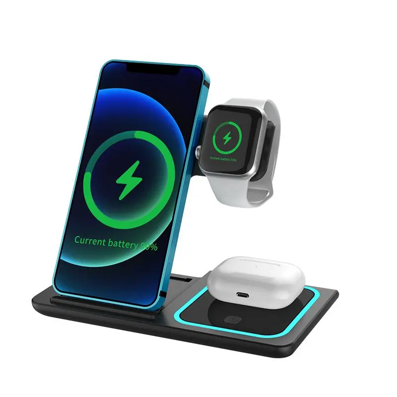 X455 Foldable 3-in-1 Wireless Charger – Fast Charging for iPhone, Apple Watch, AirPods & Android Devices, Compact Foldable Stand with Night Light, Multi-Device Charging Station for Desk & Travel