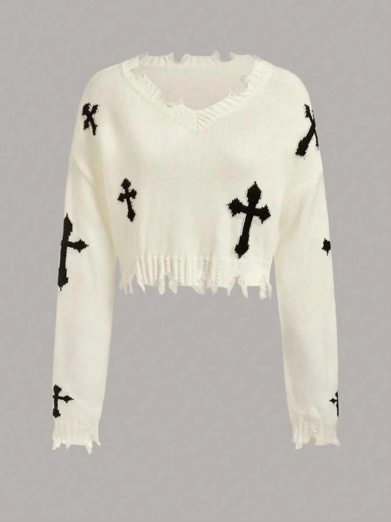 Women's Geometric Cross Print Ripped Drop Shoulder Crop Sweater, Street Fashion Style Long Sleeve V Neck Jumper for Daily Outdoor Wear, Ladies Stretchy Knitwear for Spring & Fall Clothes, Casual Sweater for Women, Garment, Piece