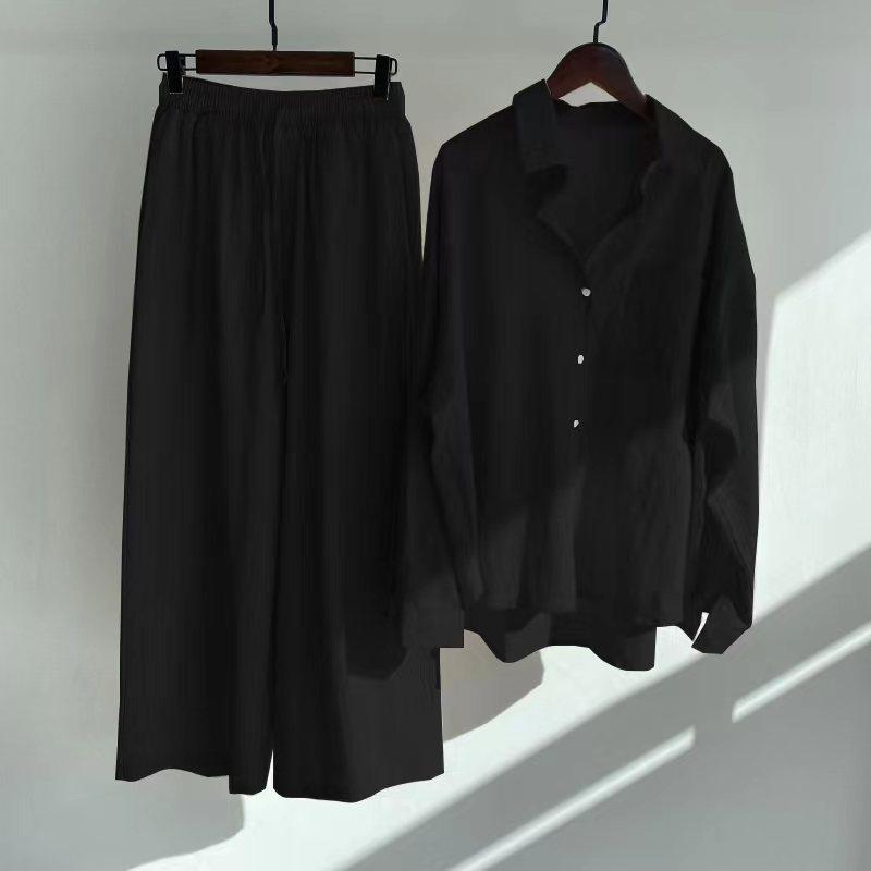 Ms. Xun's 2-piece Retro Plus Size 2026 Cotton Linen Shirt Set with High-waisted Loose Trousers