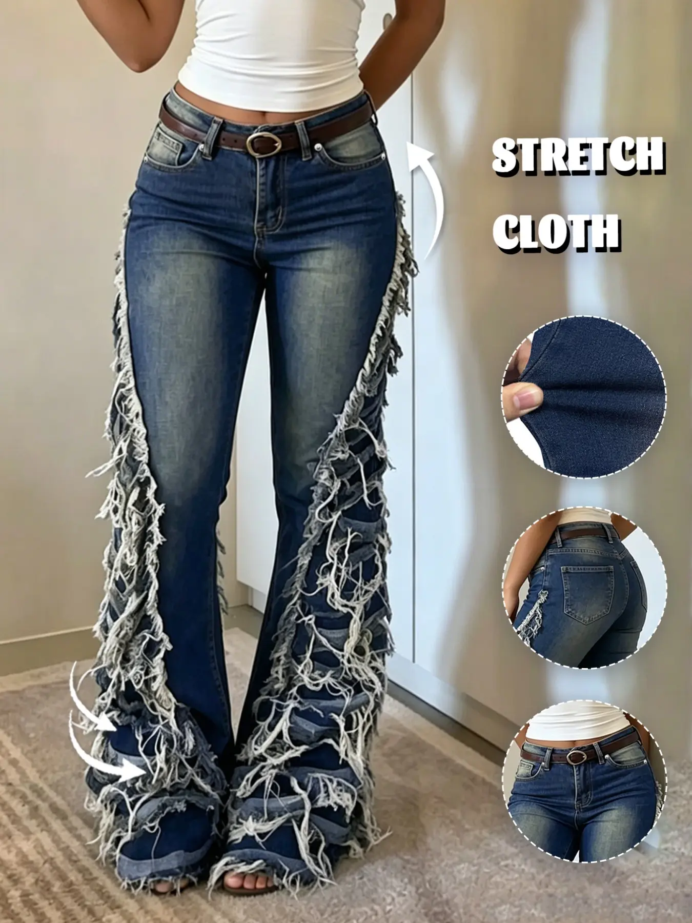 Lkuily Women's Vintage Wash Double Side Fringed High Waist Flare Jeans, Heavy Ripped Slim Fit Bootcut Pants, Streetwear Y2K Grunge Denim Trousers Aesthetic