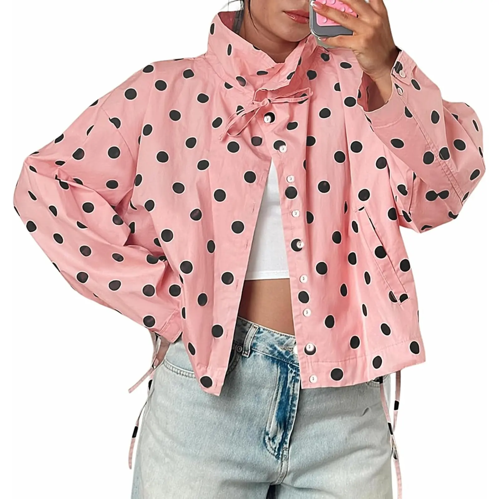Cicy Bell Womens Polka Dot Short Trench Coat Cropped Stand Collar Jackets | Loose Fit, Long Sleeve, Fall Outerwear, Button Down, Adjustable Drawstring, Side Pockets
