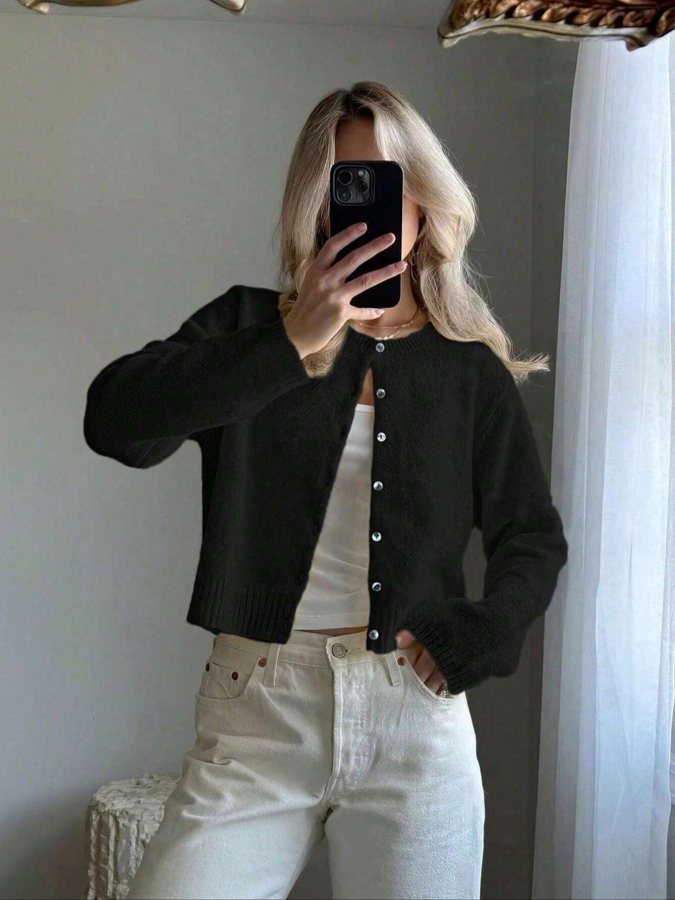 Women's Solid Color Button Front Cardigan, Casual Long Sleeve Knitwear for Spring & Fall, Fashion Women's Knit Clothing for Daily Wear