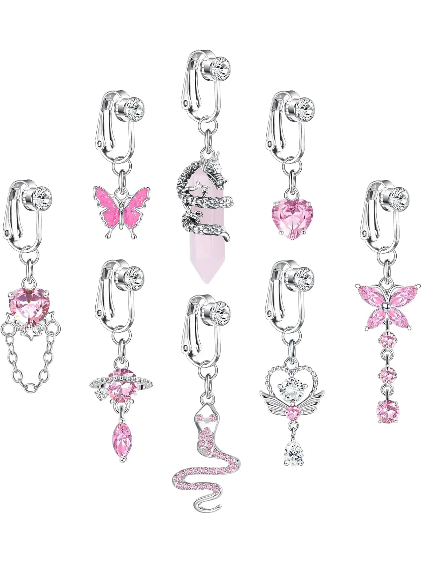 8 PCS Fake Belly Ring For Women Body Jewelry Fake Belly Piercing Dangle Clip On Belly Button Rings CZ Snake Butterfly Faux Belly Button Piercing Stainless Steel Fake Navel Rings Non Pierced