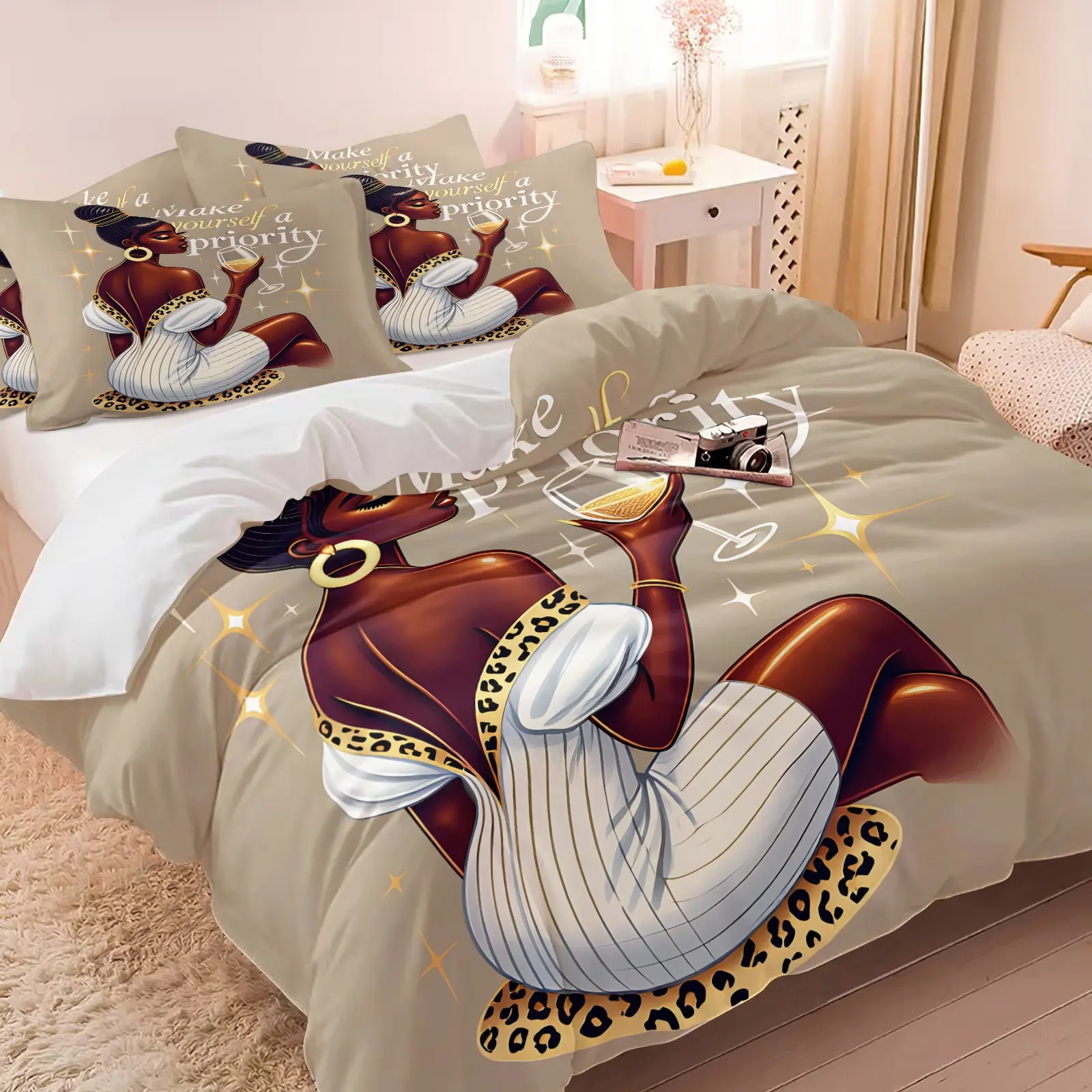 2/3Pcs Make Yourself A Priority Black Woman Decorative Duvet Cover Set Soft Microfiber Leopard Wine Inspirational Print Bedding Glam Self Love Bed Cover No Comforter For Feminine Bedroom All Season Decor