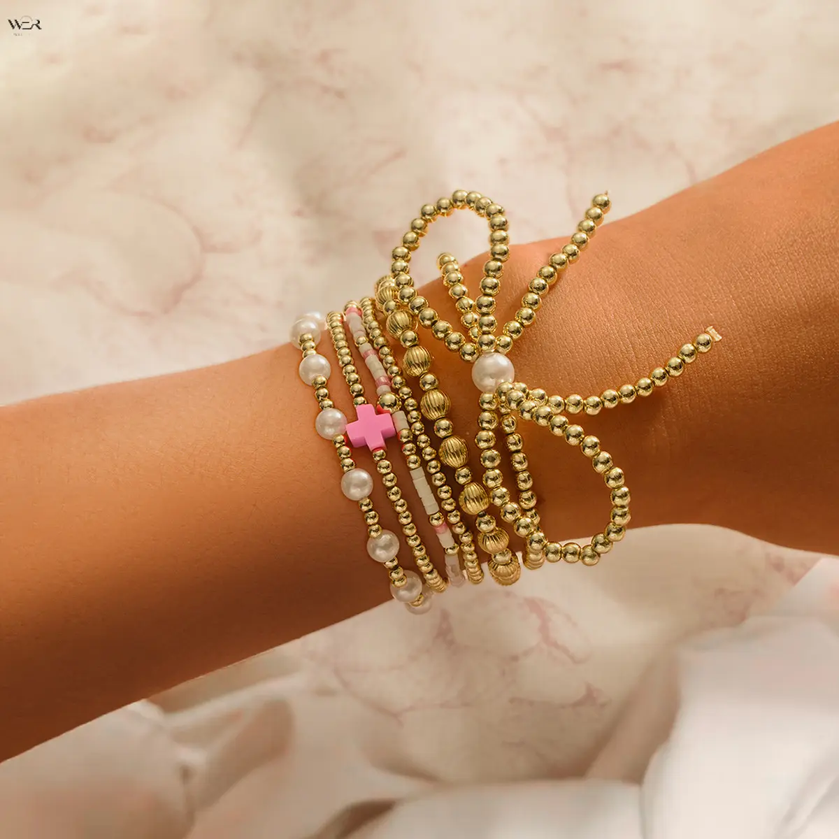 Handmade Multi Layer Beaded Bow Stack Bracelet Set, Imitation Pearl Mini Ball Bead Stretch Wrist Band, Gold Silver Two Tone Sweet Star Charm Stackable Bracelets for Women Girls Gift