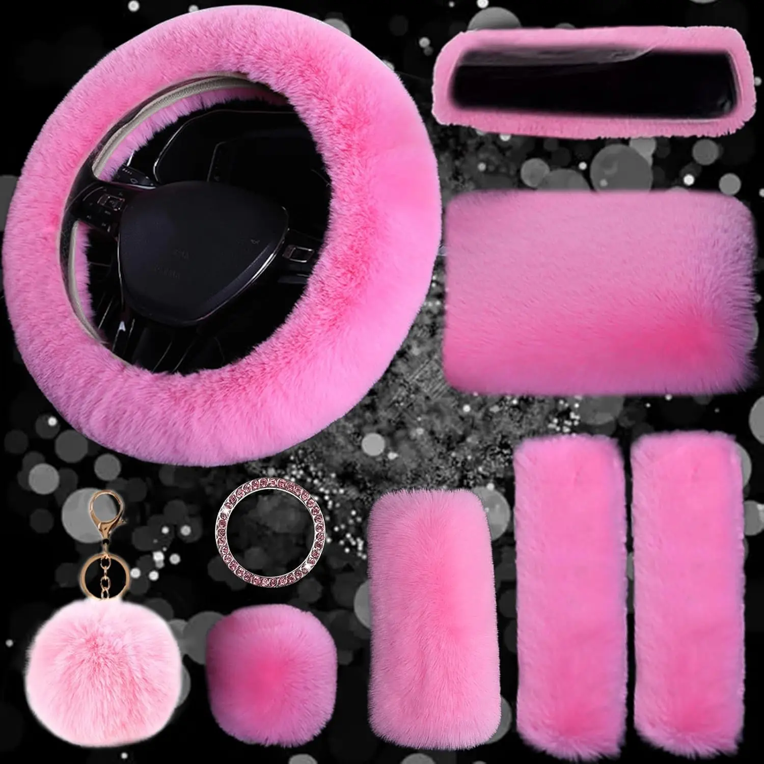 Women's 9-Pack Eco-Friendly Synthetic Elastic Car Interior Decoration Accessories Set - 14.57-15.75in (37-40cm) Silent Warm Fur Steering Wheel Cover with Great Grip, Size Range Fit, Keeps Hands Warm, Car-Compatible Pink Gift Set, Protection