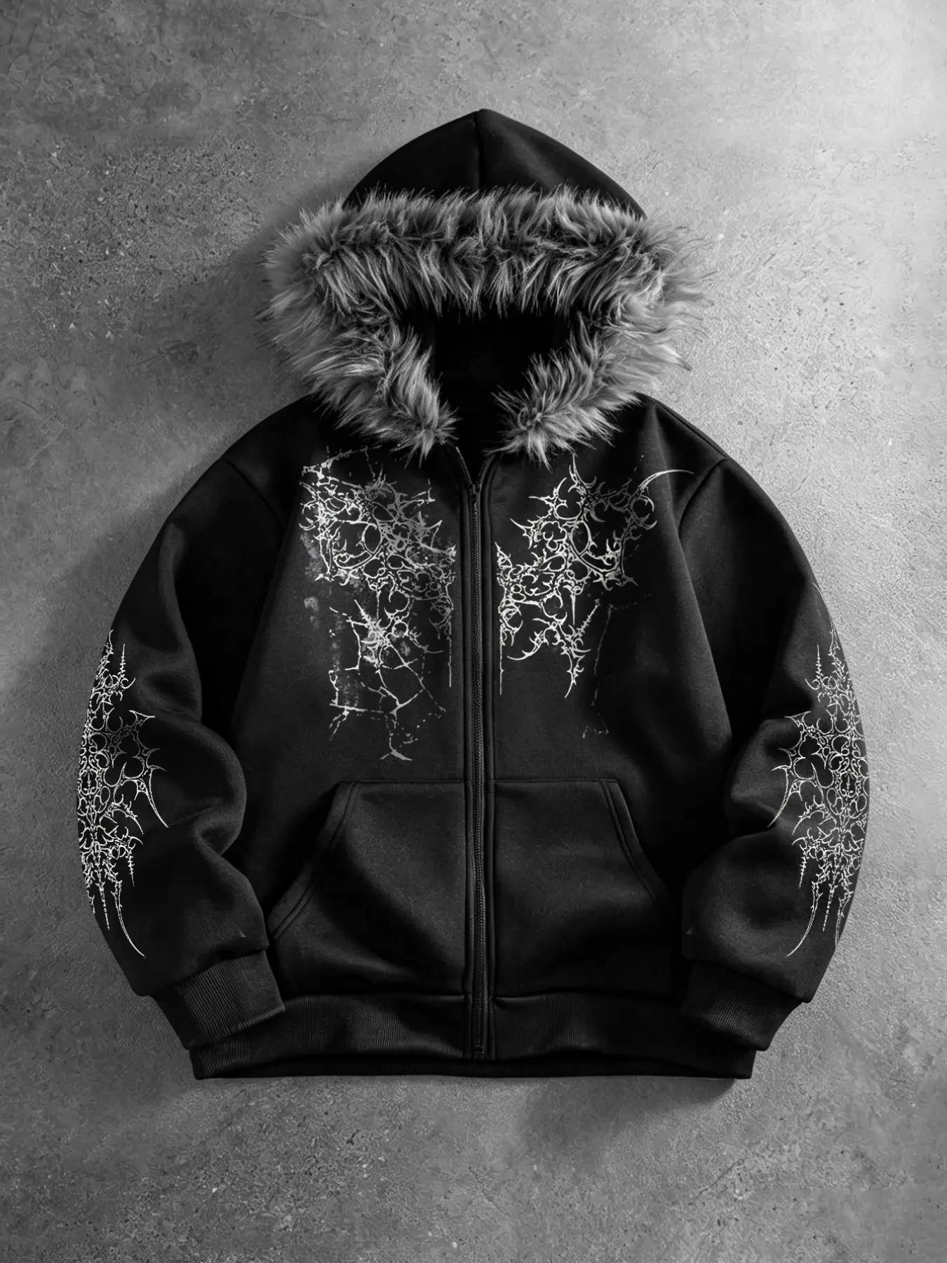 Men's Zipper Hooded Jacket, American Gothic Street Style, Thick Knit Warm Fleece Lining, Thorn Spider Web Silver Thread Print