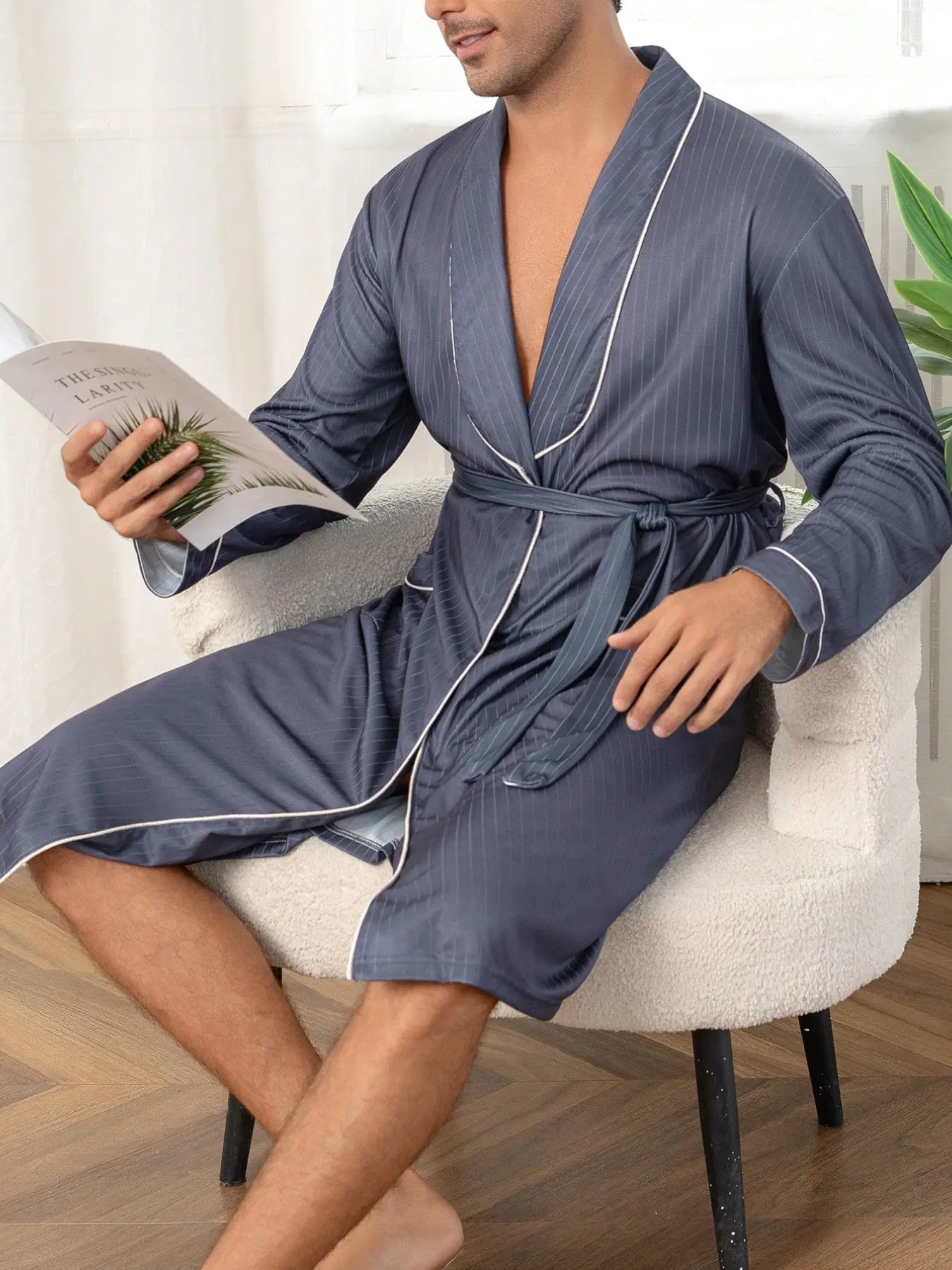 Men's Long Sleeve Vertical Pattern Casual Aesthetic Sleepwear Loungewear, Light Luxury Fruit Neckline, Contrast Trim, Tie Waist, Dual Pockets, Home Morning Bath Robe