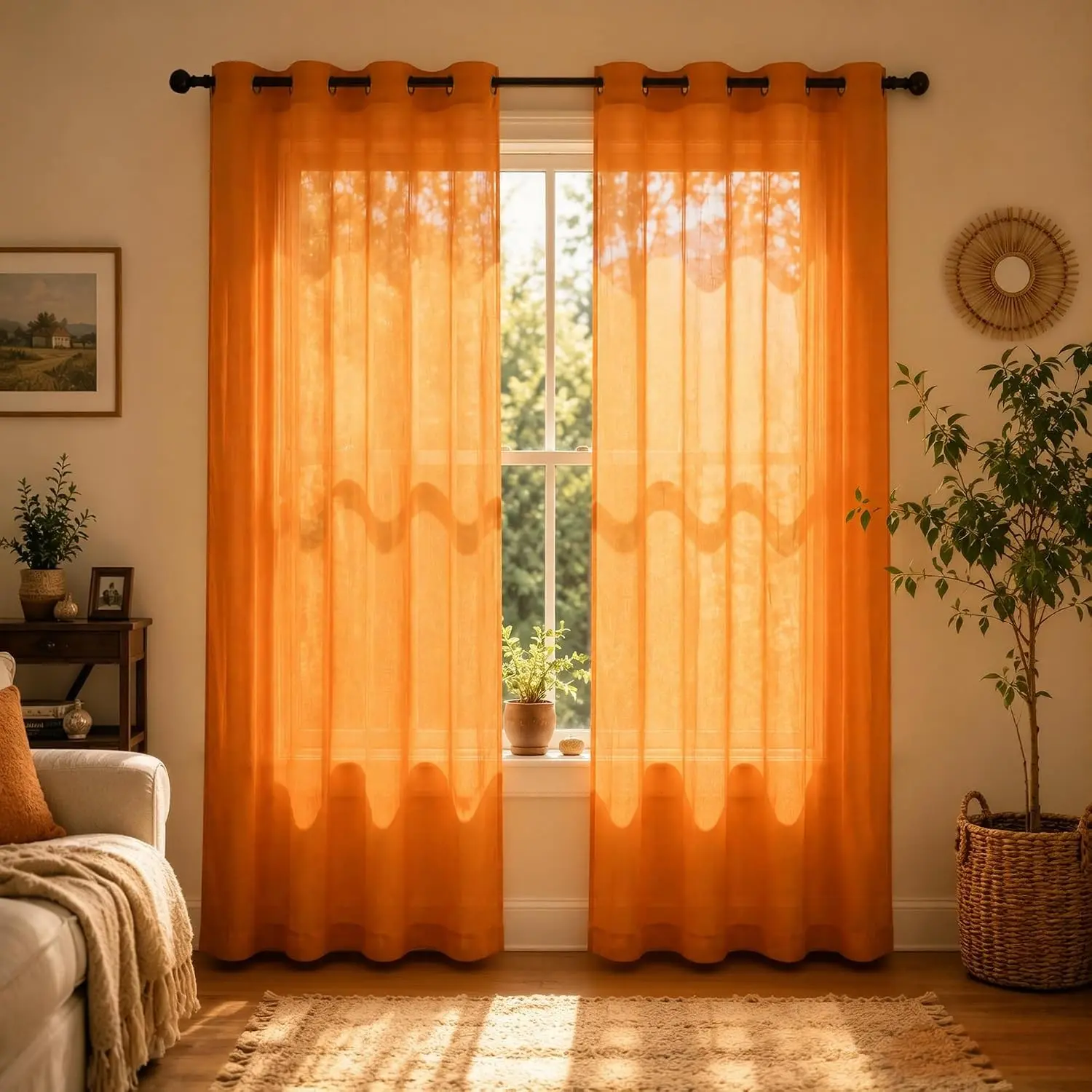 Orange Boho Fall Curtains for Living Room, Autumn Harvest Decor Retro Tangerine Mid Century Modern Grommet Voile Sheer Drapes for Bedroom, Bold Eclectic Window Panels 84 Inches Long, 2 PanelsGift