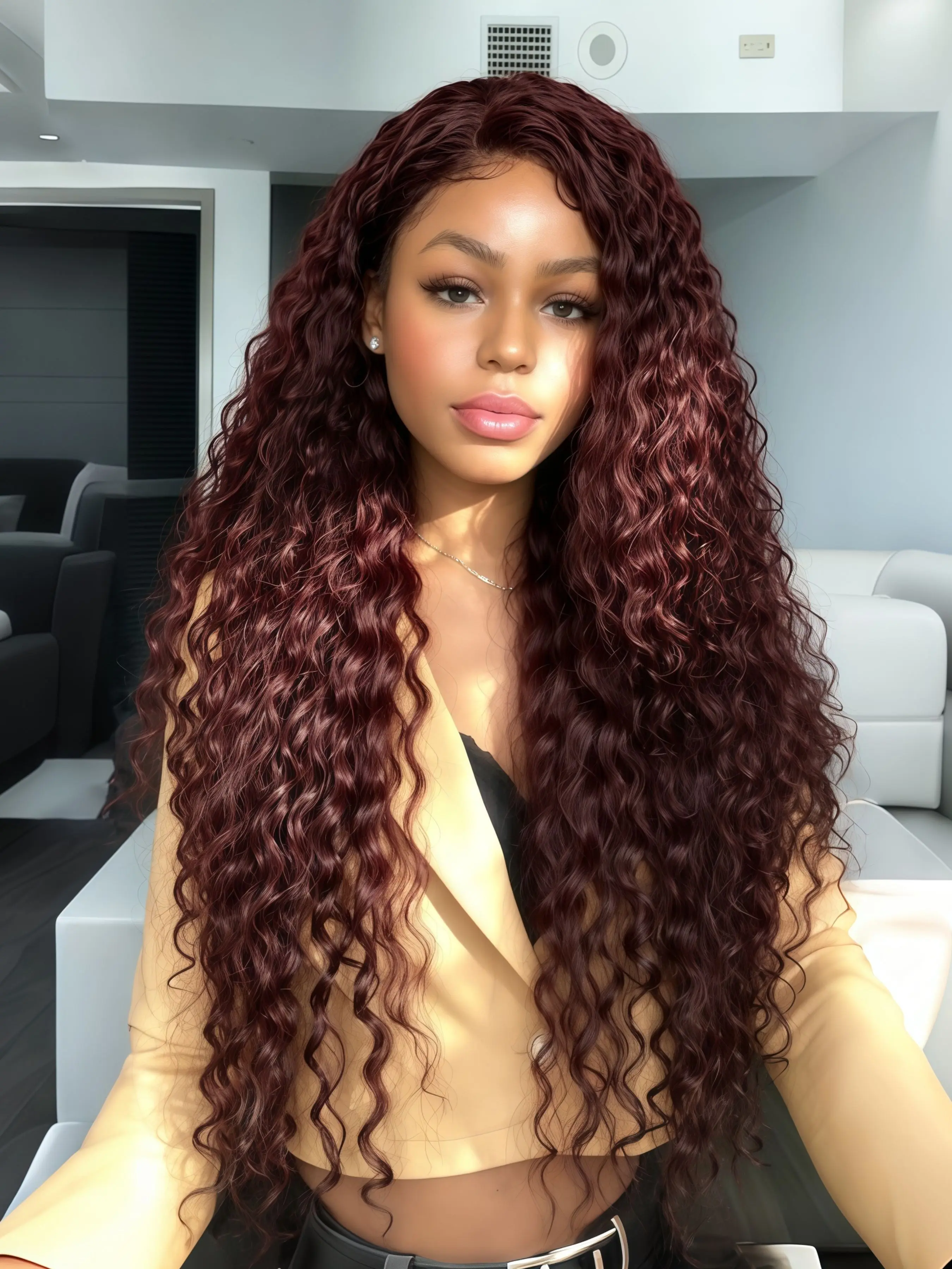 99J Burgundy Deep Wave Lace Front Wig 13x4 HD Transparent Lace Frontal Wigs, Pre-Plucked Synthetic Deep Curly Wigs for Women, Long Wavy Wig for Concert, Music Festival, Dating & Daily Wear Lace Front Curls 28 Inch
