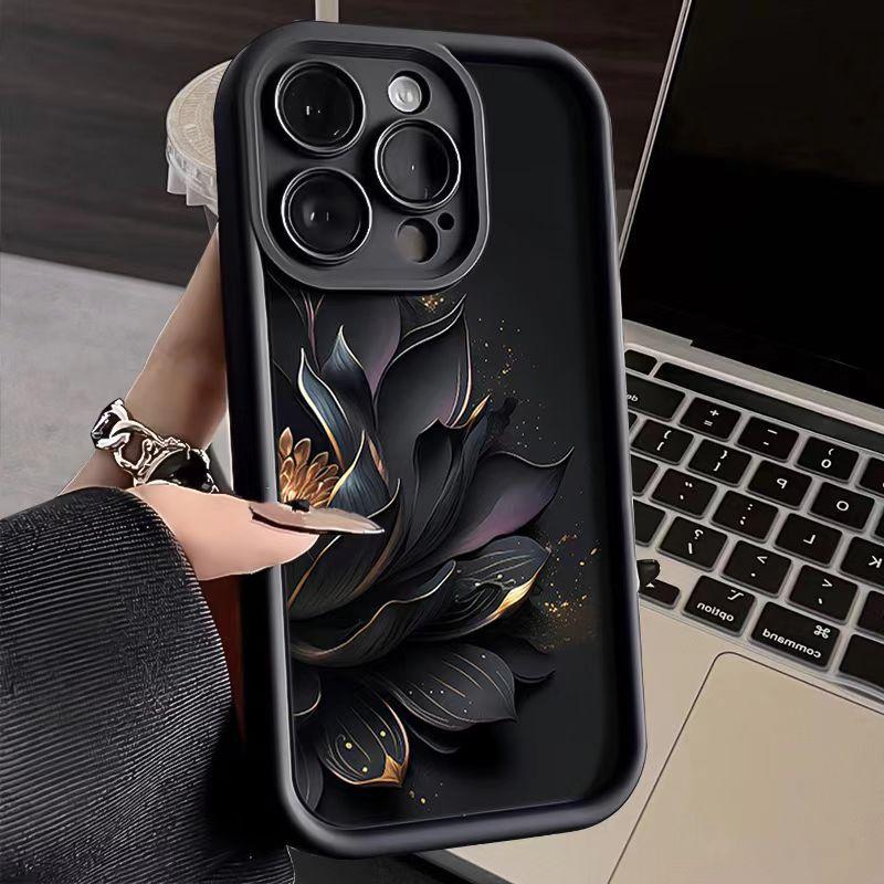 Aesthetic Black Gold Lotus iPhone Case for iPhone 17 16 Pro Max 15 Pro 14, Luxury Full Protection Shockproof Cover, Trendy Floral Phone Case