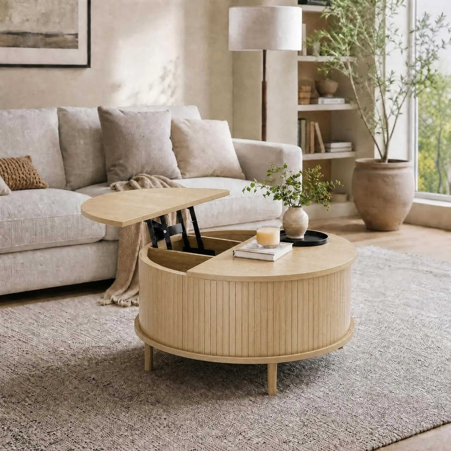 Lift Top Coffee Table with Storage, Round Coffee Tables for Living Room, Fluted  Coffee Table, Wood Center Table for Living Room