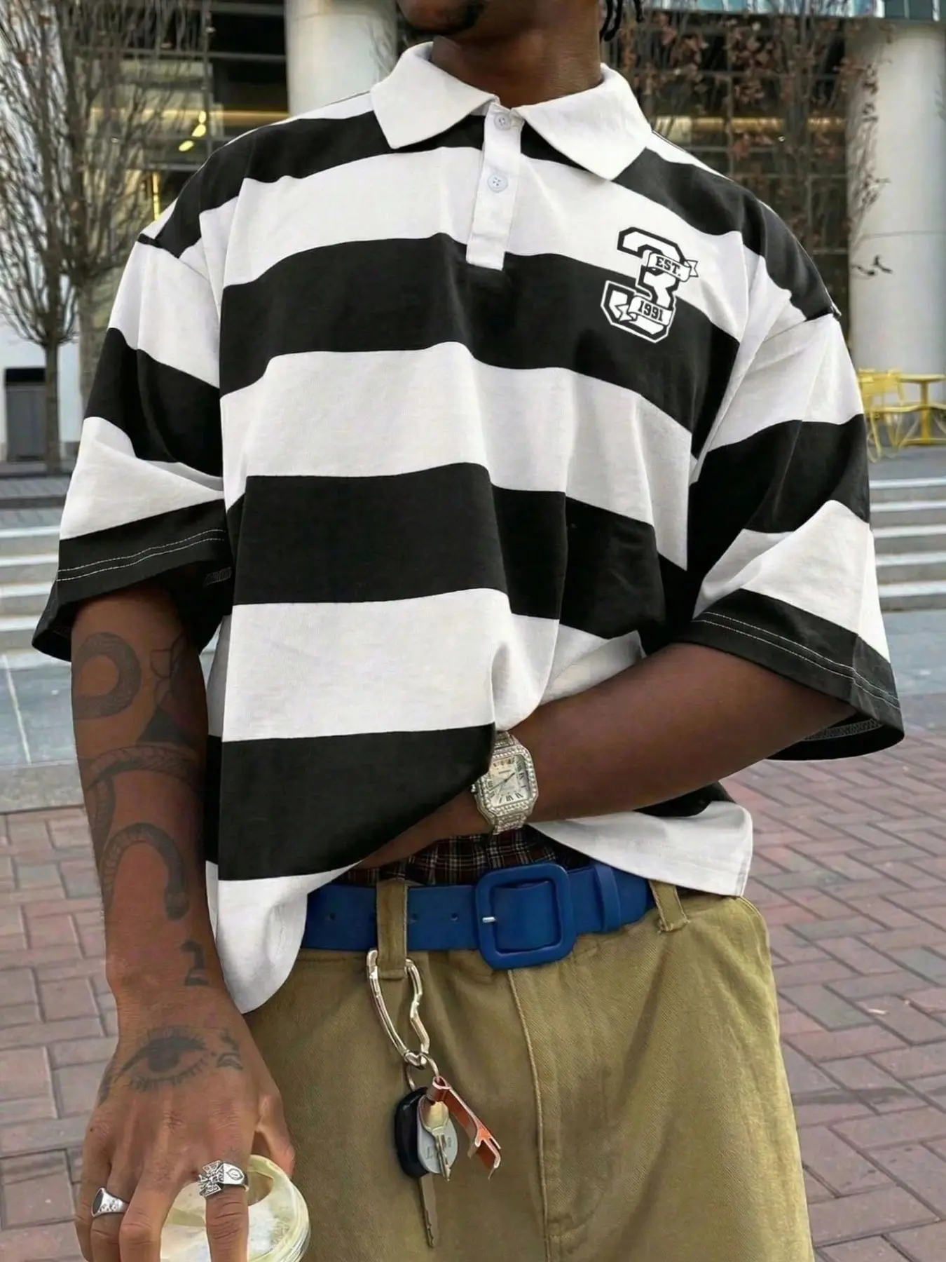 American Vintage Striped Polo Shirt for Men, Loose Fit Drop Shoulder Short Sleeve, College Style Embroidered Collar Top