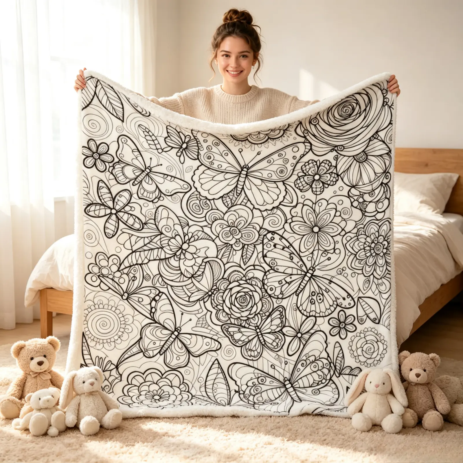 2D Flat 1pc Creative Butterfly Floral Line Art Adult Stress Relief Coloring Flannel Blanket, Washable Versatile Warm Throw Blanket, DIY Art Home Decor Sofa Cover For Bedroom Living Room, Unique Craft Gift For Art Lovers Birthday Christmas TikTok Popular