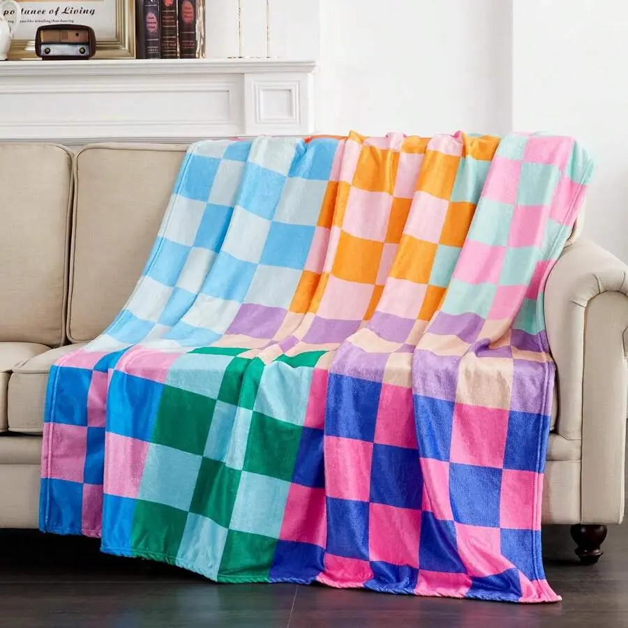 Rainbow Pastel Multicolor Checkerboard Plaid All Over Print Flannel Blanket, Bright Color Block Square Grid Throw Blanket, Soft Plush Warm Blanket for Couch Bedroom, Cozy Comfy Nap Blanket, Perfect Giftable Decorative Blanket for Y2K Aesthetic Colorful Lo
