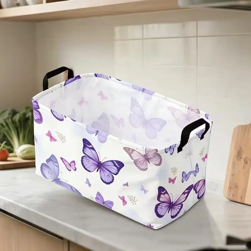 1pc, Watercolor Purple Butterfly Storage Basket - Foldable Laundry Box & with Handle,  Basket Suitable for Bedroom, Bathroom, Towels, Clothes - Decorative Space-Saving Shelf for Modern Homes