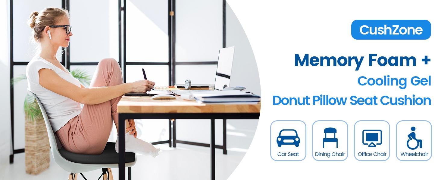 Donut Pillow Seat Cushion - Cooling Gel Chair, Seat Cushion for Office & Home, Car Seat and Furniture, Hemorrhoids Pillow and Tailbone Pain Relief, Black