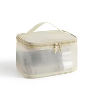 Make Up Bag - Machine Washable Cosmetic Storage Container with Clear Mesh Pocket and Gold Zipper Closure